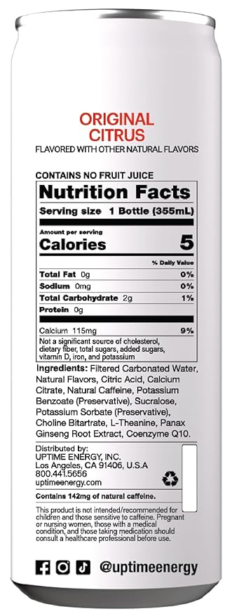 UPTIME Energy Drink Original Citrus Sparkling 12 Pack Vitamin C L Theanine Calcium Sugar Free Energy Drinks for Focus Support 142mg of Natural Caffeine 5 Calories Clean Natural 12 fl oz Can
