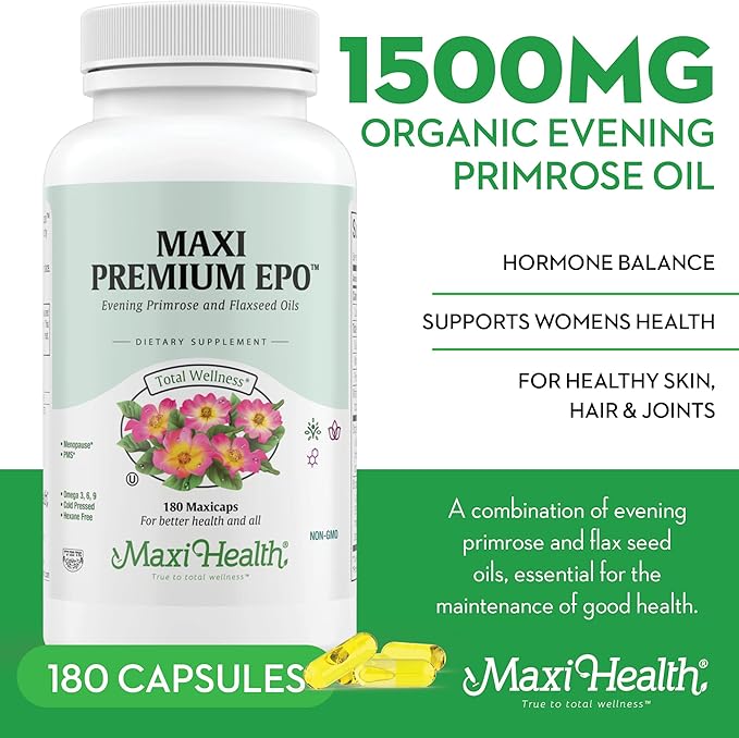 Organic Evening Primrose Oil Capsules 1500mg - EPO Gamma Linolenic Acid Supplement - Hormone Balance for Women - PMS &amp Hot Flashes Menopause Relief - GLA Hormonal Acne Supplements 180 Count
