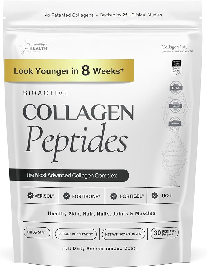 The Intelligent Health FORTIBONE® FORTIGEL® &amp VERISOL® Premium Bioactive Collagen Peptides Powder Bone Support Functional Blend Grass Fed Bovine Hydrolyzed Collagen Unflavored 30 Servings