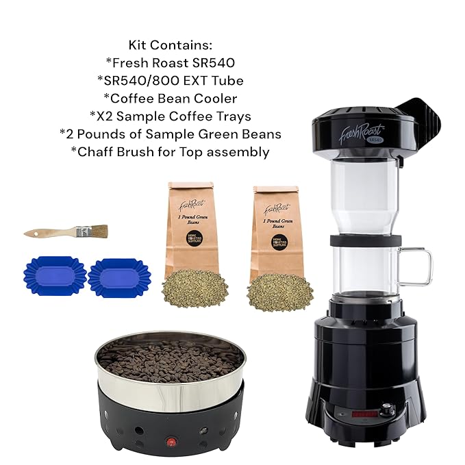Fresh Roast Coffee Roaster Bundle SR540 Glass Extension Tube Coffee Bean Cooler (2 Lbs) Sample Packs of Green Beans (2-pack) Sample trays Chaff Brush