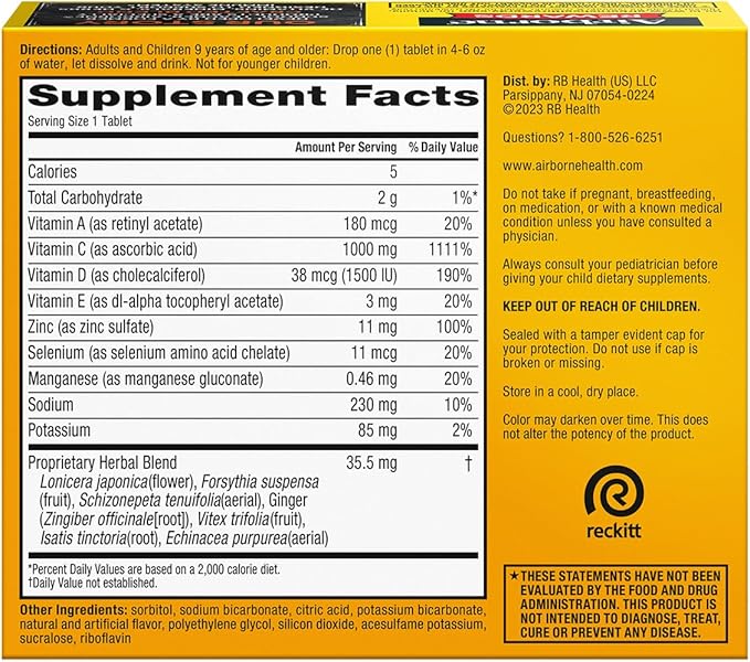 Airborne 1000mg Vitamin C + Zinc Sugar Free Multivitamin Immune Support Effervescent Fizzy Drink Tablets Zesty Orange Flavor with Powerful Antioxidants Vitamins A C &amp E 30 Tablets (2 Pack)