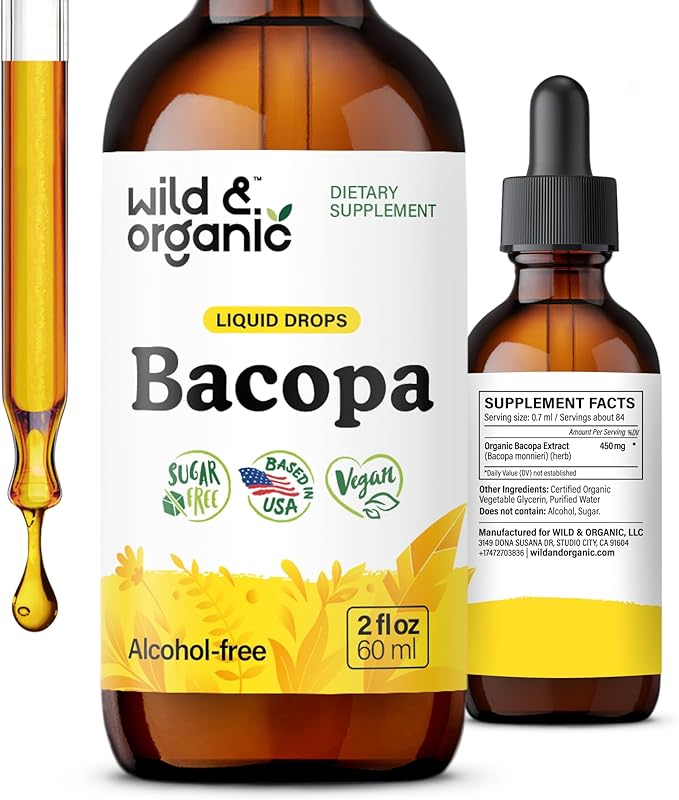 Wild &amp Organic Bacopa Tincture - Supports Calm Focus Clarity - Bacopa Monnieri Supplement Liquid - Alcohol-Free Drops with Brahmi Extract - Vegan Sugar-Free - 2-Month Supply - 2 fl oz