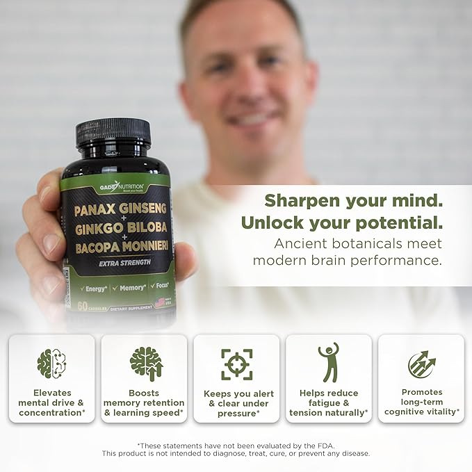 Gade Nutrition Ginkgo Biloba with Ginseng Supplement and Bacopa Monnieri | Brain Supplements for Memory and Focus with panax Ginseng &amp Ginko biloba Capsules - Memory Supplement for Brain