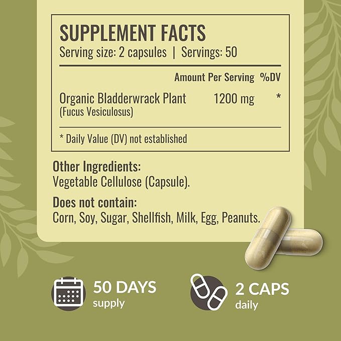 HERBAMAMA Bladderwrack Capsules - 1200mg Bladderwrack Herb Powder for Energy &amp Overall Support - Vegan Non-GMO Sea Iodine Source Supplement 100 Caps