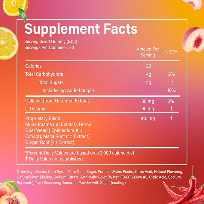 Spicy Square Gummy Heart-Shaped Intimacy Gummies with Muira Puama Chili Pepper Maca&amp Epimedium for Promote Hormone Balance Vegan Peach Flavor (60 Gummies)