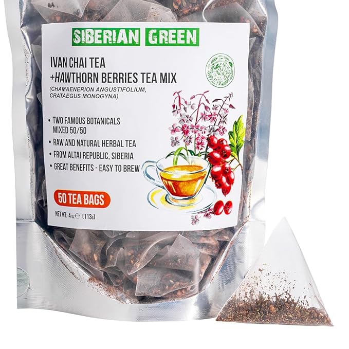 Siberian Green Ivan Chai Tea and Hawthorn Berry – 50-Pack Herbal Tea Bags – Natural and Pure Botanical Herbs From Altai Siberia