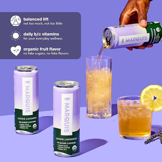 Marquis Natural Energy Drinks Sugar Free Zero Calories 100mg Organic Plant Based Caffeine Yerba Mate Green Tea &amp Green Coffee - Vitamin C &amp B - Lemon Lavender Healthy Energy Drink - 12oz Cans