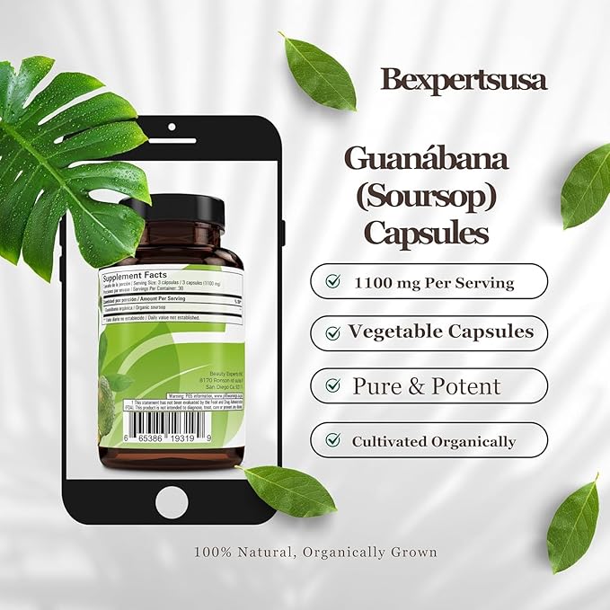 Guanábana Hoja Seca Té (Soursop) Combo – Dried Leaves Tea (4 oz Bag) + Capsules (90 Capsules 1100 mg per Serving Organically Grown) – 100% Natural Vegan Powerful Antioxidants–by Bexpertsusa