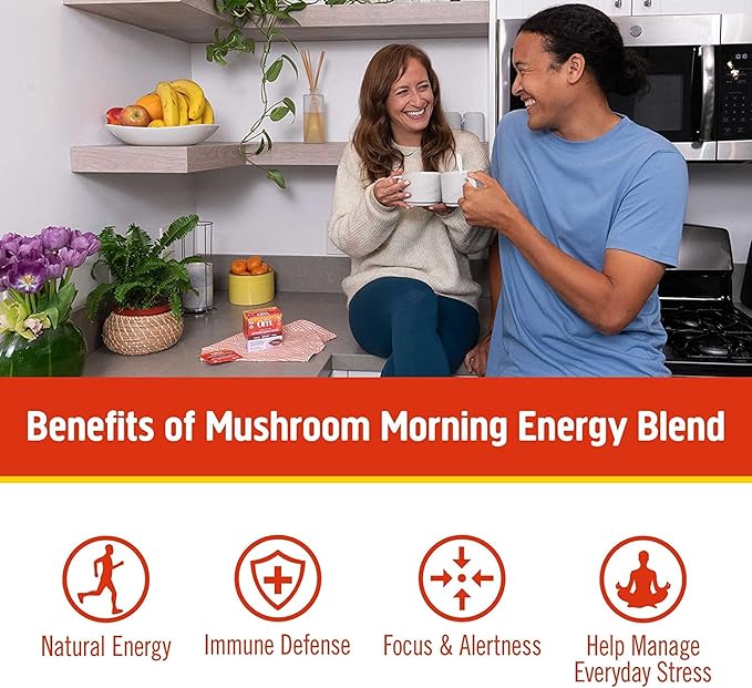 OM MUSHROOM SUPERFOOD Morning Energy Blend – Caffeine-Free Powder with Cordyceps Lion’s Mane Rhodiola &amp Vitamin D2 – Supports Energy Focus &amp Endurance – 8.47 oz Canister (30 Servings)