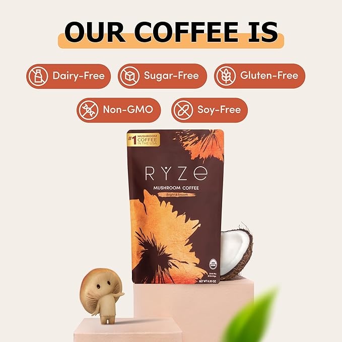 RYZE SUPERFOODS RYZE n Shine Bundle USDA Organic Mushroom Medium Roast Coffee + Probiotic Coffee Creamer with 6 Adaptogenic Mushrooms for Better Energy Focus Digestion Immunity 30 + 30 Servings