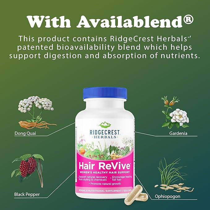 RidgeCrest Herbals Hair ReVive Nutritional Hair Supplement with Vitamin C Biotin (6000mcg) Zinc and Copper Hair Vitamins for Women to Support Healthy Hair Skin and Nails (120 Caps 30 Servings)