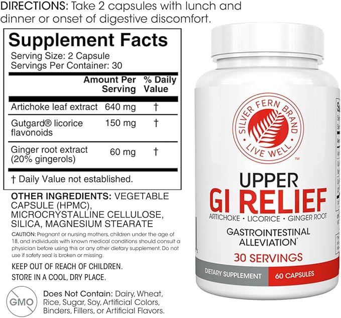 Silver Fern GI Relief - Natural Herbal Supplement - All Natural with Artichoke Leaf Extract Ginger Root Extract and GutGuard Licorice Flavonoids (1 Bottle - 60 Capsules - 30 Day Supply)