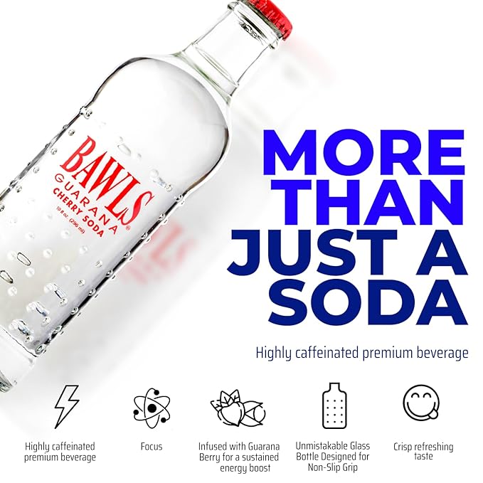 BAWLS Guarana Cherry BAWLS Guarana Drink Guarana Soda Guarana Fueled Soda for Energy High Energy Caffeinated Drink 10oz 12 Pack Glass Bottles