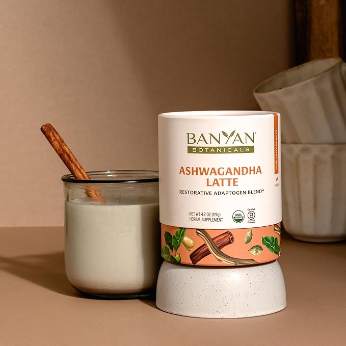 Banyan Botanicals Ashwagandha Latte – Caffeine-Free Organic Herbal Latte Mix – Instant Herbal Adaptogen Drink for Energy Relaxation and Nourishment* – 4.2 oz – Non-GMO Sustainably Sourced Vegan