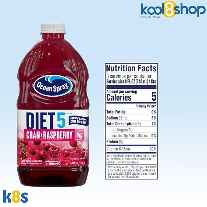 Ocean Spray Diet Cran Raspberry Juice Drink 64 fl oz Plastic Bottle 4 Pack + 15 Sugarcane Disposable Straws by KOOL8SHOP Infinite Deals