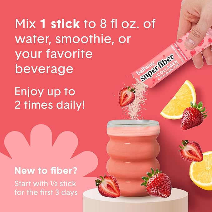Bellway Super Fiber Packets + Collagen Sugar-Free Psyllium Husk Powder with Collagen Peptides &amp Hyaluronic Acid for Gut Health Healthy Skin Nails Bones &amp Joints Strawberry Lemonade (10 Pa