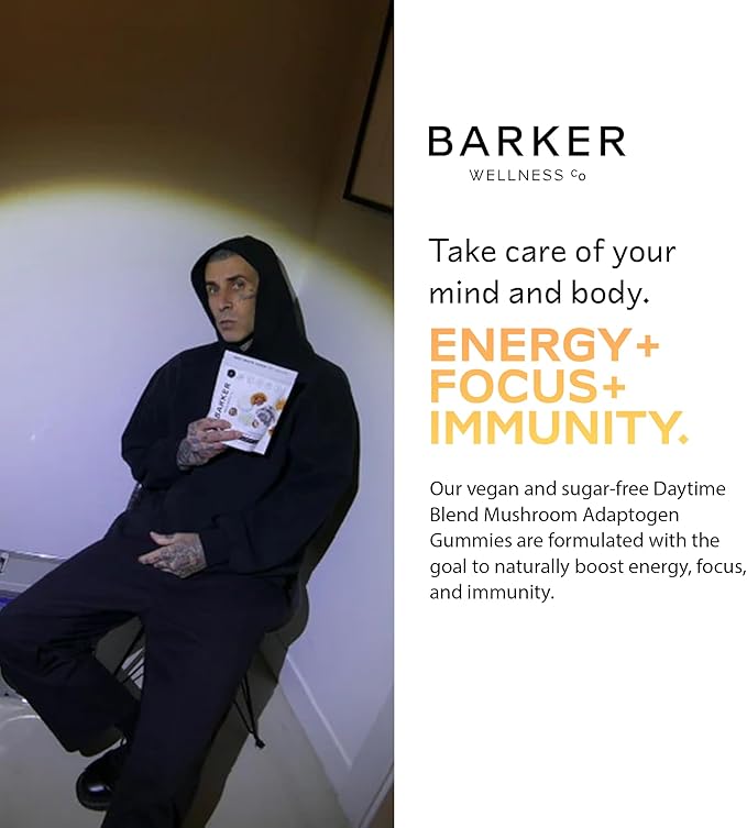 Barker Wellness Daytime Sugar-Free Adaptogen Mushroom Gummies - Lion's Mane Cordyceps Reishi &amp Shiitake | Vegan Immune System Support Natural Energy Enhanced Focus &amp Mood for Adults | 60