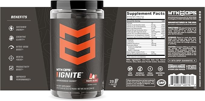 MTN OPS Ignite Sugar Free Energy Drink Powder Trail Packs with 200mg Caffeine Travel Pre Workout Packets for to-Go Energy Nootropic Blend L Arginine &amp L Citrulline 20 Servings Tiger's Blood