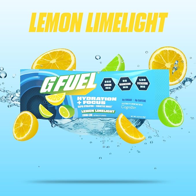 G Fuel Electrolytes Powder for Instant Hydration and Focus | Sugar Free Lemon Lime Flavor Electrolyte and Nootropic Drink Mix to Sharpen Mental Focus 20 Servings