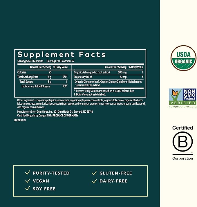 Gaia Herbs Organic Ashwagandha Gummies - Stress Support* - Made with Cinnamon &amp Ginger - Gluten Free &amp Vegan - 81 Count (27 Servings)
