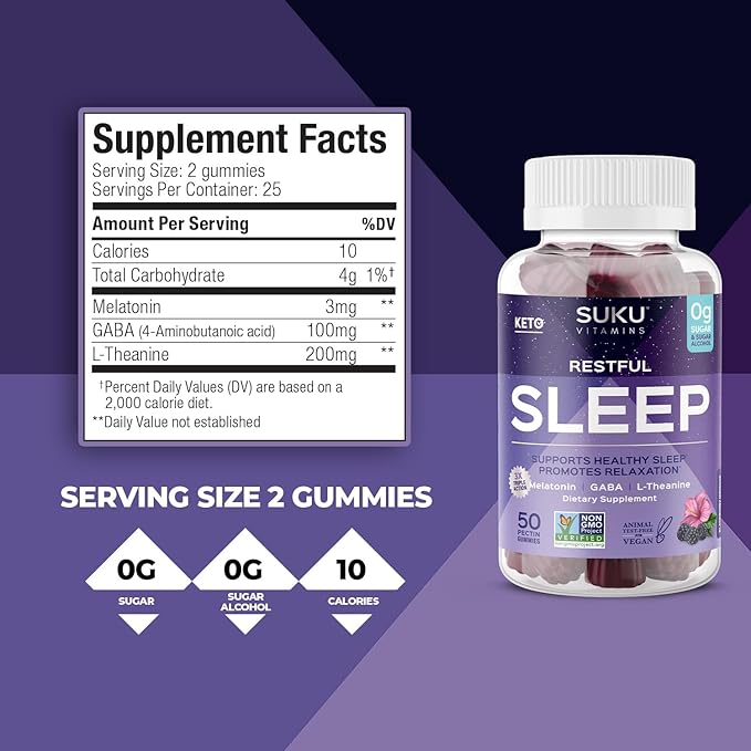 SUKU Restful Sleep Gummies – 3 mg Melatonin L-Theanine &amp GABA – Vegan Sugar-Free Chewable for Relaxation &amp Natural Sleep Support – BlackBerry-Hibiscus Flavor – Non-GMO Gluten-Free – 50 Coun