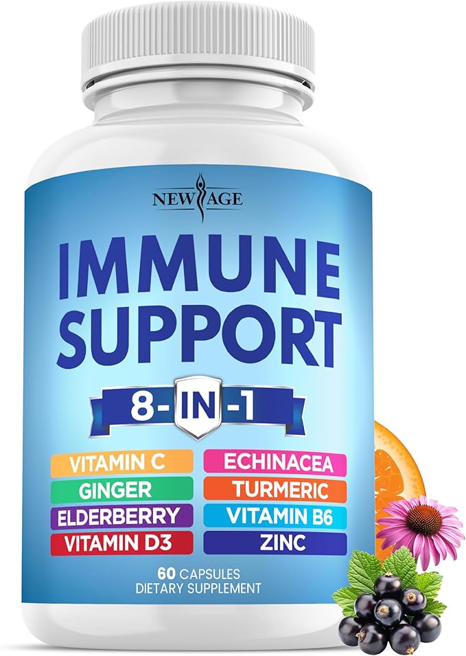 NEW AGE 8 in 1 Immune Support Booster Supplement with Echinacea Vitamin C and Zinc 50mg Vitamin D 5000 IU Turmeric Curcumin &amp Ginger B6 Elderberry 60 Count (Pack of 1)