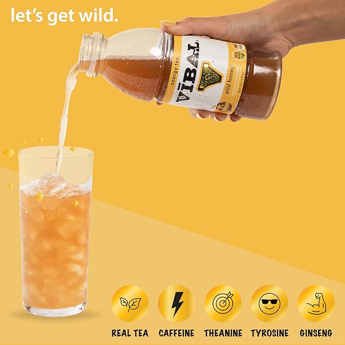 VIBAL ENERGY TEA Wild Honey 16 Fl Oz 6-Pack Natural Energy High Caffeine Ginseng Theanine Low Sugar Low Carb Low Calorie Adaptogens Nootropics
