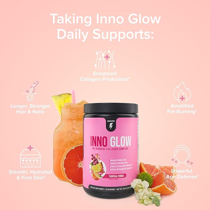 InnoSupps InnoGlow Multi Collagen Peptides Powder for Weight Loss - Thermogenic Fat Burner and Anti Aging Collagen Powder for Women - Hair Skin Nails Joint Support - 20 Servings (Tropical Punch)