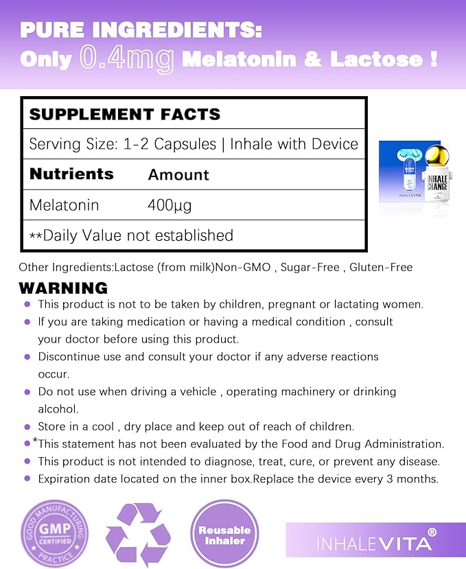 Melatonin Inhaler Sleep Aid Combo Golden|Includes 15 Capsules &amp 1 Reusable Inhaler Fast-Acting with Advanced Absorption|0.4mg Low Dose Zero-Sugar|Wake RefreshedPortableNon-Habit Forming