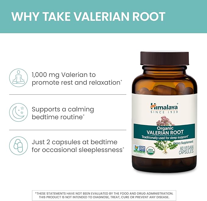 Himalaya Organic Valerian Root Herbal Sleep Support for Calm Relaxation USDA Organic Non-GMO Vegan Gluten Free 1000 mg 60 Capsules