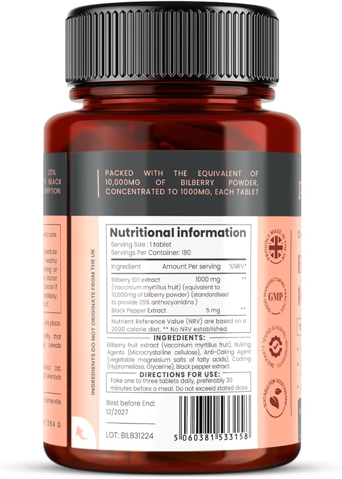 pureclinica Bilberry Extract 10000mg x 1080 Tablets (6 Bottles of 180) - 10 X More anthocyanidins