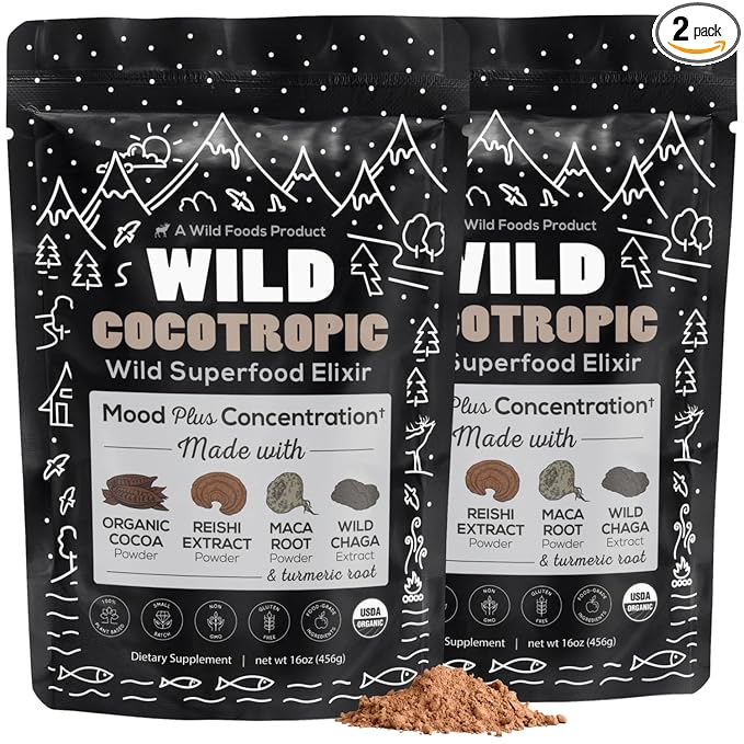 Wild Cocotropic Organic Mushroom Cocoa Mix - Healthy Vegan Hot Chocolate Mix - Organic Cacao Powder Reishi Chaga Maca Turmeric - 3rd Party Tested - Sugar Free - Keto &amp Paleo - (2 packs of 16oz