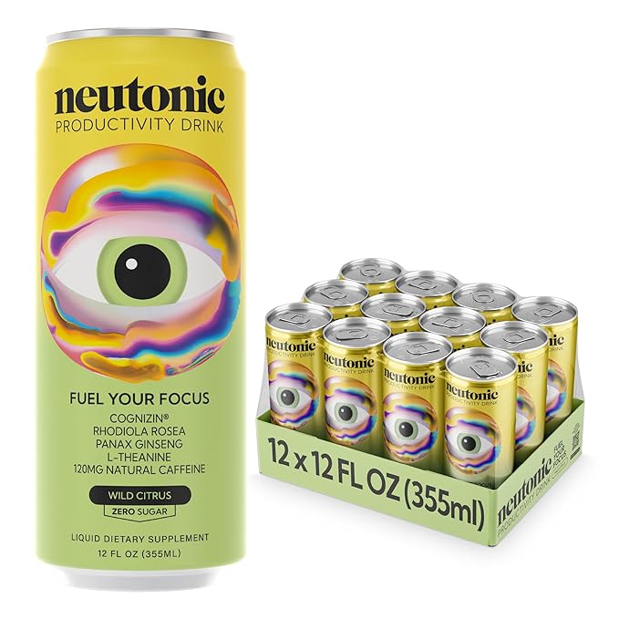 neutonic Nootropic Productivity Energy Drink &amp Focus Blend Powder Bundle | 12 Cans Wild Citrus &amp 16 Sticks Peach Mango | Zero Sugar | Support Memory Mental Clarity Cognitive Function