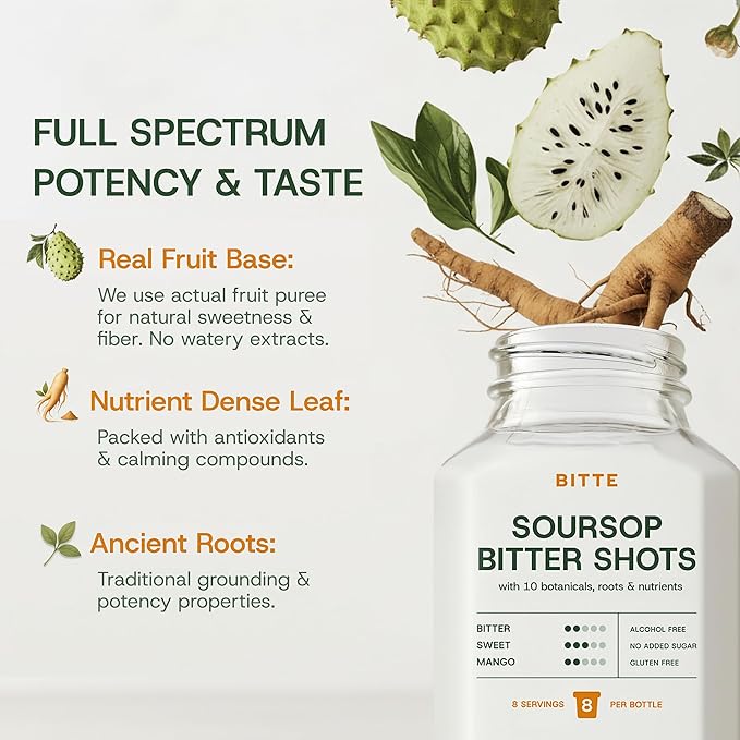 BITTE Immune + Energy Soursop Shots – 2 Pack Ready to Drink Mango Soursop with Zinc Ginseng Guarana &amp Turmeric – Clean Formula No Sugar Vegan Gluten-Free Non-GMO – 32 fl oz Total