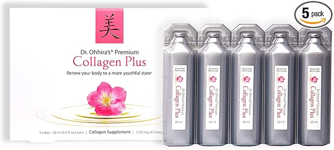 Dr. Ohhira's Premium Collagen Plus. A Liquid Easily mixable Collagen Supplement with 7750 mg of Marine Collagen Peptides Plus Cherry Blossom Extract and a Plant-Based Probiotic Concentrate 5 Pack