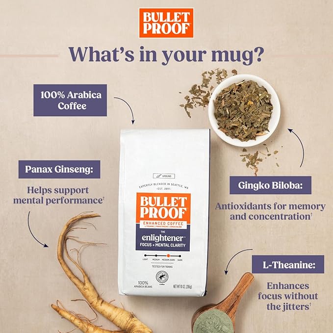 Bulletproof The Enlightener Coffee Pods 24 Count Medium-Dark Roast Enhanced Coffee with L-Theanine Panax Ginseng and Gingko Biloba Supports Mental Clarity Focus and Memory