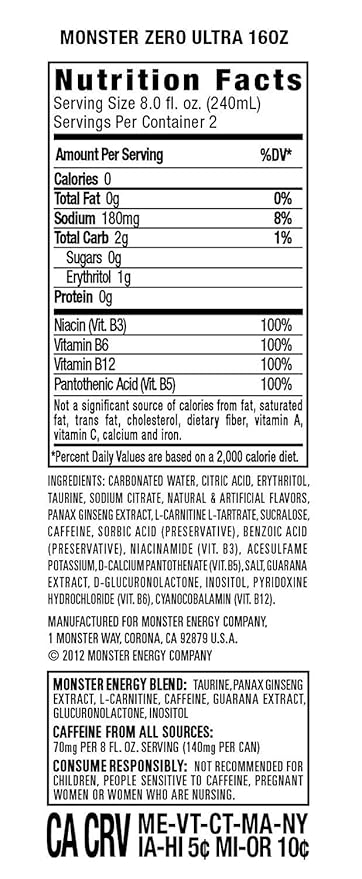 Monster Energy Ultra Zero Sugar Energy Drinks 16 ounce cans (Ultra Zero 12 Cans)