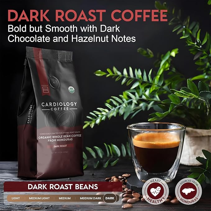 Cardiology Coffee – Whole Bean Coffee – USDA Certified Organic Mold Free 12oz Dark Roast Coffee Beans - Organic Barista-Style Beans with Antioxidant Benefits – Perfect for Heart Healthy Lifestyle