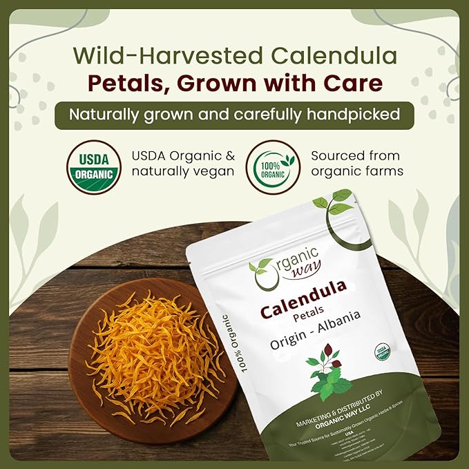 Organic Way Dried Calendula Petals | Herbal Tea (Calendula Officinalis) - European Wild-Harvest | Organic &amp Kosher Certified | USDA Certified | Origin - Albania (1/2LBS / 8Oz) (Pack of 2)