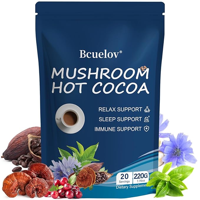 Mushroom Hot Cocoa Cocoa Powder with Reishi Mushroom Melatonin Glycine Cacao L-Theanine Chicory to Help Fall Asleep and Stay Asleep 20 Servings