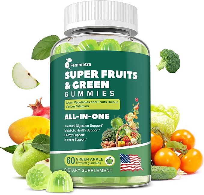 61-in-1 Supergreens Daily Gummies for Women and Men Multivitamin Superfood Gummy with Probiotics for Metabolic Energy and Digestive Health Sugar Free Green Apple Flavor 60 Count