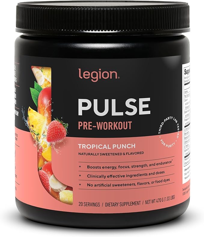 LEGION Pulse Pre Workout - All Natural Nitric Oxide Preworkout Drink to Boost Energy Creatine Free Naturally Sweetened Beta Alanine Citrulline Alpha GPC (Tropical Punch)