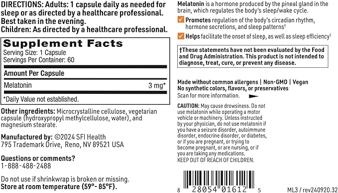 Klaire Labs SFI Health Melatonin 3 Milligrams - Sleep Support for Men &amp Women (60 Vegetarian Capsules) (Pack of 2)