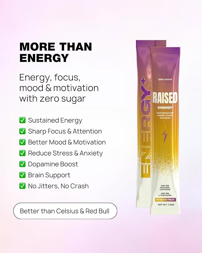 Raised Energy+ Nootropic Drink Mix | 200mg Natural Caffeine + L-Theanine | Zero Sugar | Clean Energy Powder for Focus Mood &amp Motivation | 15 Stick Packs | Passion Fruit Flavor