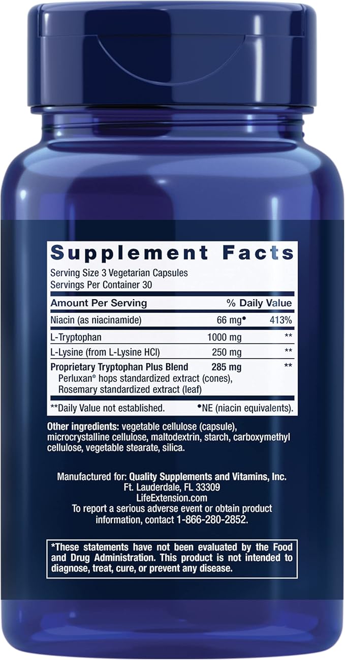 Life Extension Optimized Tryptophan Plus 1000mg - L-Tryptophan Supplement with Niacin and L-Lysine for Healthy Sleep &amp Stress Response – Gluten-Free Non-GMO Vegetarian - 90 Capsules