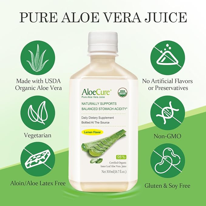 AloeCure USDA Organic Aloe Vera Juice Lemon Flavor - Made Within 12 Hours of Harvest - Natural Digestive Supplement for Balanced Stomach Acidity - Support Digestive and Immune Health 4 Btls x 16.7oz