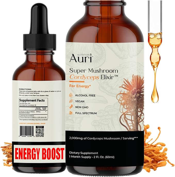 Auri Nutrition Super Mushroom Cordyceps Elixir for Stamina Natural Energy Youthfulness and Longevity with Full Spectrum Support - Cordyceps Tincture 60 ml