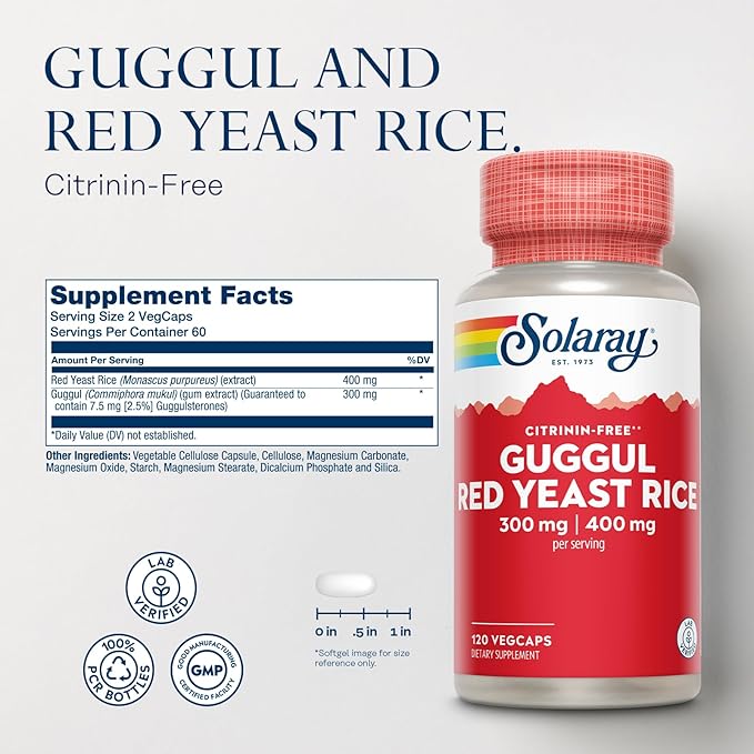 SOLARAY Guggul Gum Extract &amp Red Yeast Rice - Healthy Cardiovascular Function Support - Lab Verified - 60 Servings 120 VegCaps