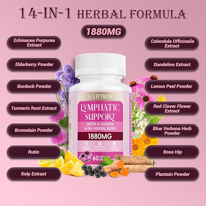 Lymphatic Drainage Supplement 1880 mg Lymphatic System Support Supplement with Echinacea Dandelion Turmeric Burdock Elderberry and Calendula Lymph Detox Cleanse &amp Immune Support 120 Capsul