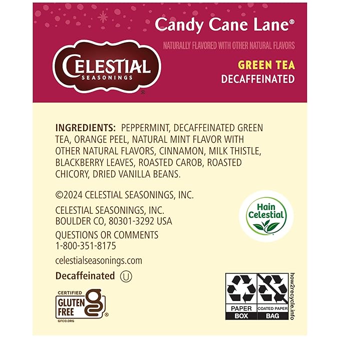 Celestial Seasonings Green Tea Decaffeinated Candy Cane Lane 18 Count (Pack of 6)